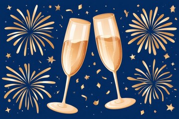Naklejka premium Champagne glasses toasting with golden fireworks and stars on dark blue background