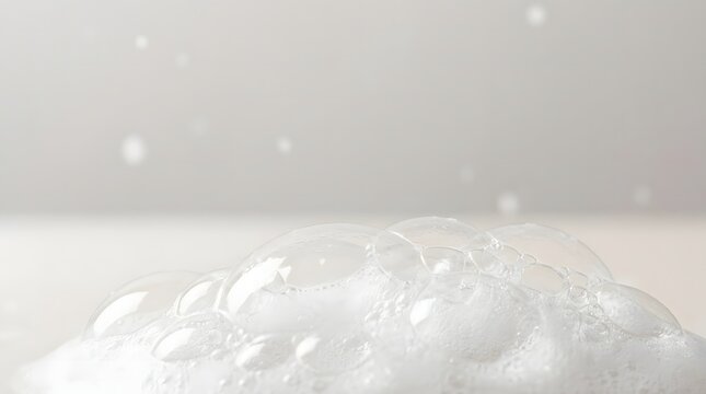 Close up of white soap bubbles and foam on light gray background for hygiene and skincare concepts
