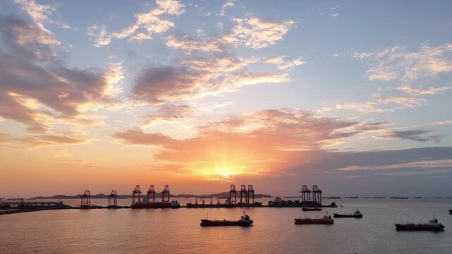 Silhouettes of gantry cranes and cargo ships at a bustling seaport during a dramatic golden sunset. Global maritime logistics, international trade, and industrial shipping transport concept.