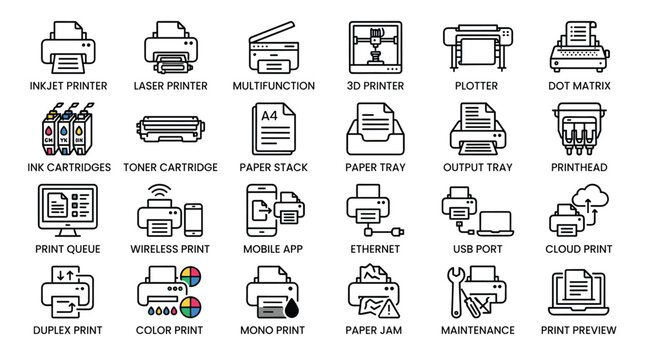 Various office technology icons for digital communication and document management systems in black and white.