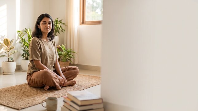 Young woman practicing mindfulness meditation at home in a bright sunlit room
