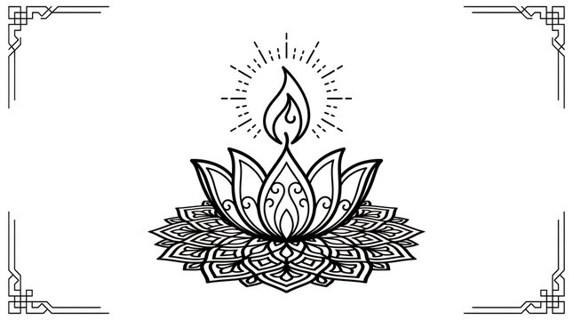 Decorative hand drawn lotus flower candle diya with flame for diwali festival celebration black and white line art illustration