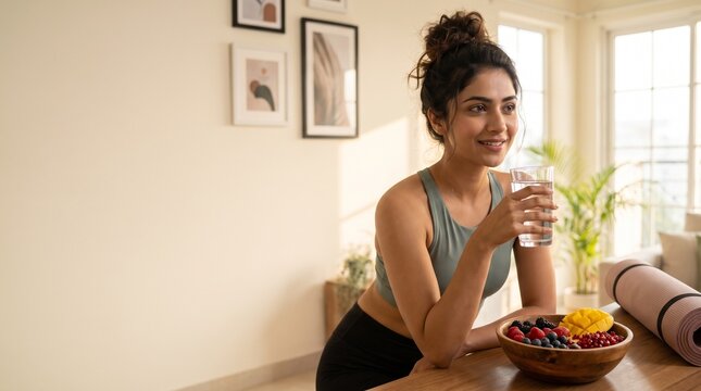 Young woman drinking water at home after yoga workout session