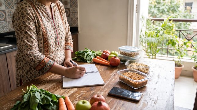 Woman planning healthy weekly meal prep and writing grocery list in home kitchen