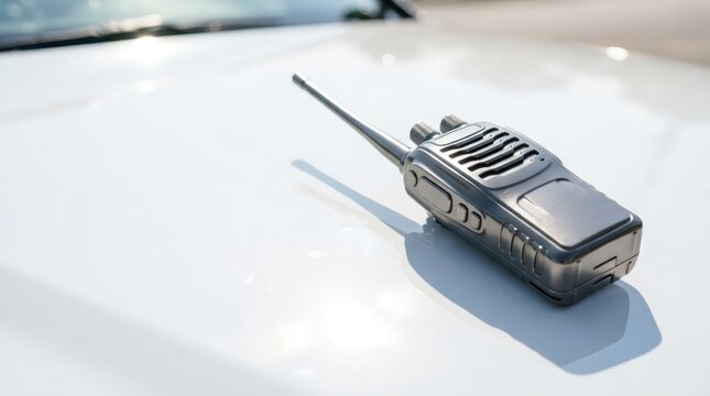 Portable two-way radio walkie-talkie lying on white car hood. Wireless communication device for security, police and emergency services. Radio transmitter concept.
