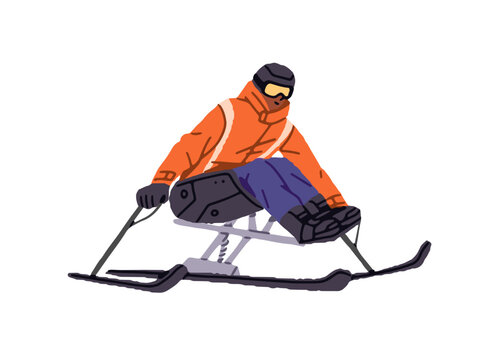 Alpine skier with disability. Sitting athlete rides outrigger skis on snow slope. Sportsman of winter sports in helmet is in slalom competition. Flat isolated vector illustration on white background