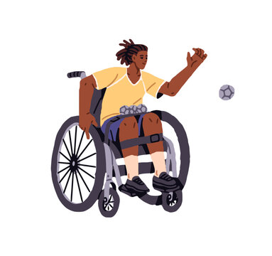 Black athlete with disability plays handball. African American man in wheelchair catches ball with hand. Sports player in wheel chair is training. Flat isolated vector illustration on white background