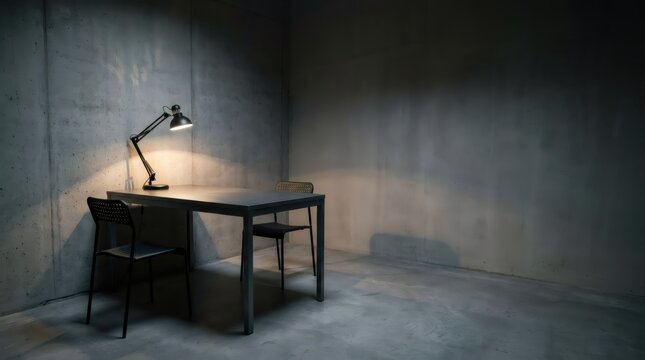 Empty police interrogation room with table chair and desk lamp. Criminal investigation and questioning concept. Dark concrete detention interior for justice and law enforcement theme
