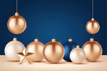 Naklejka premium Glossy gold baubles and star ornament on blue background