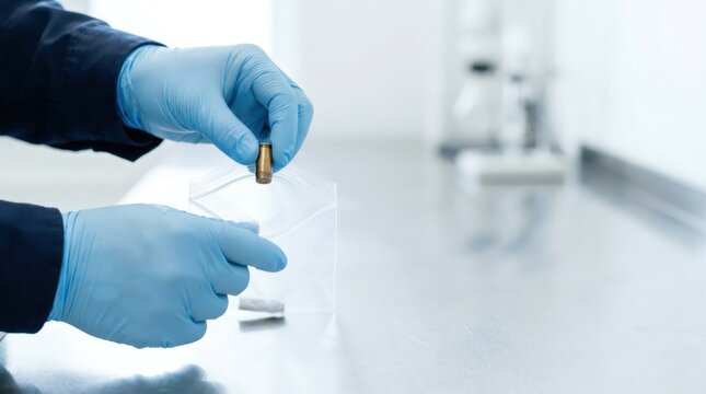 Forensic expert in blue gloves placing bullet casing into plastic evidence bag at crime laboratory. Ballistics analysis and criminal