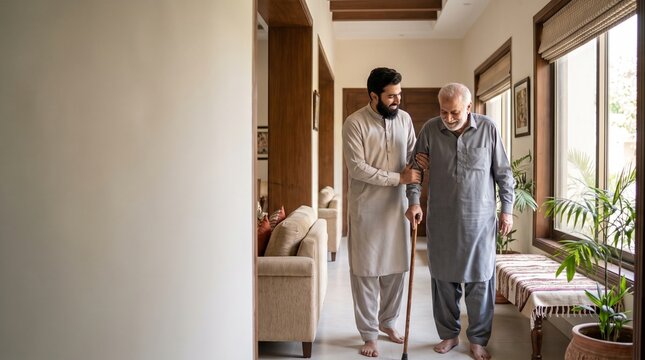 Young man helping elderly father walk with a cane in a bright home hallway