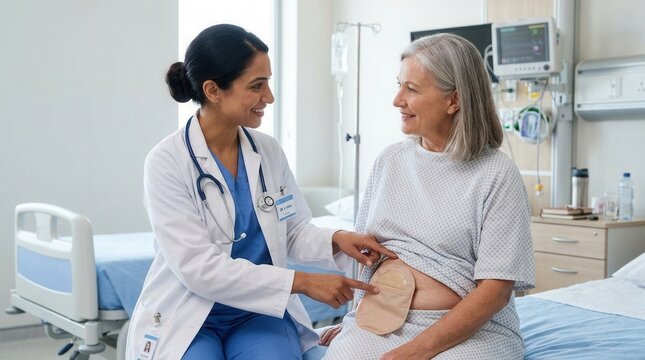 Doctor Consults Patient About Ostomy Care In A Hospital Room