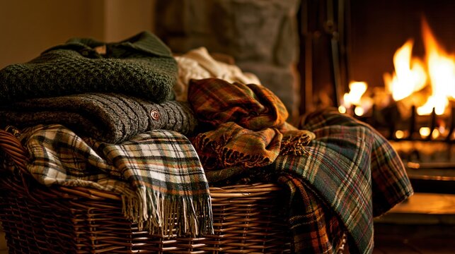 Wool plaid blankets and scarves in basket