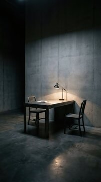 Dark empty interrogation room with table, two chairs and glowing desk lamp. Concrete walls and dramatic light in interrogation