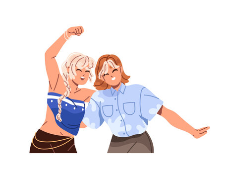 Happy friends celebrate success together. Excited women smile and hands up for joy. Happy person and her friend are hand gesturing. Characters fist up for success. Cheerful women achieve victory