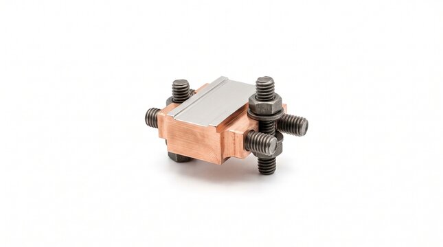 Transformer tap changer contact shoe. Micro-machined copper alloy block featuring a silver-plated sliding surface and mounting bolts, isolated on white background.