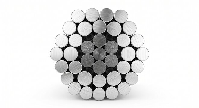 Cross-section of a bare ACSR transmission cable. Hexagonal array of pure aluminum conductor wires bundled around a solid steel reinforcing core, isolated on white.