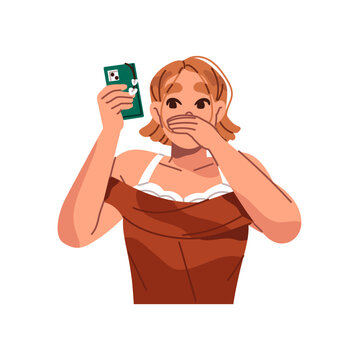 Shocked woman worries and closes mouth with hand looking news in smartphone. Person shocks with message on mobile phone. Girl stresses for news in social networks. Confused woman with smartphone