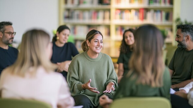 Adult facilitator in a knit sage green sweater leads a coworker group circle in a soft cream yellow training room for peer support and communication skills