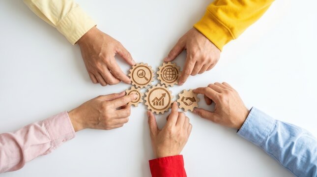 Diverse Hands Connect Wooden Gears Symbolizing Teamwork and Collaboration 1.