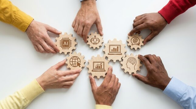 Diverse hands connect gears with technology icons symbolizing teamwork and innovation.