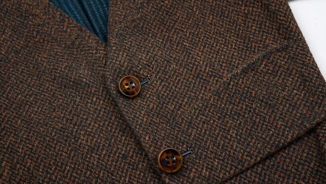 Brown Herringbone Tweed Fabric with Tortoiseshell Buttons and Teal Lining
