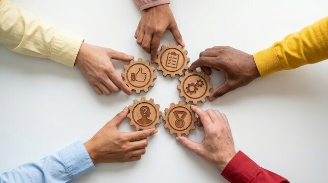 Diverse hands connect wooden gears symbolizing teamwork and collaboration in business.