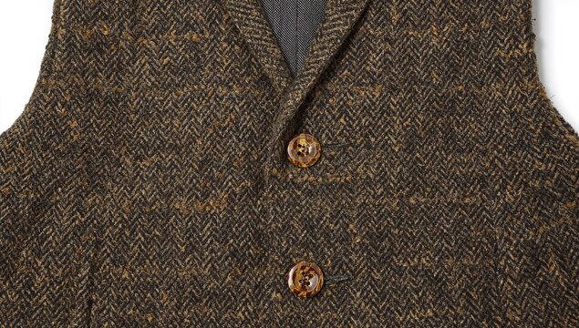 Brown and black herringbone tweed waistcoat with two tortoiseshell buttons