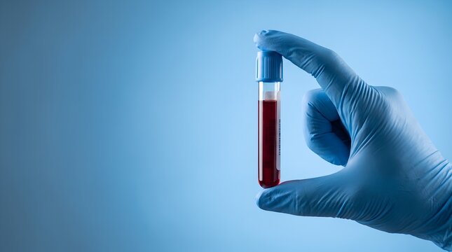 Medical professional in blue gloves holding blood sample test tube