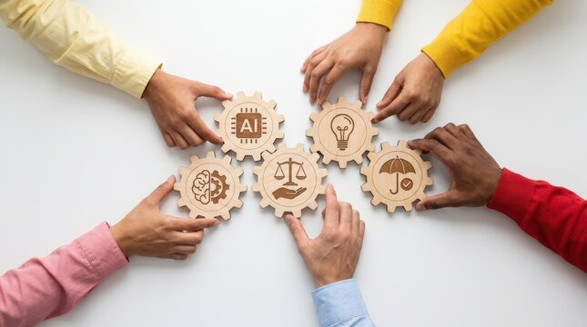 Diverse hands connecting wooden gears with symbols of teamwork and success.