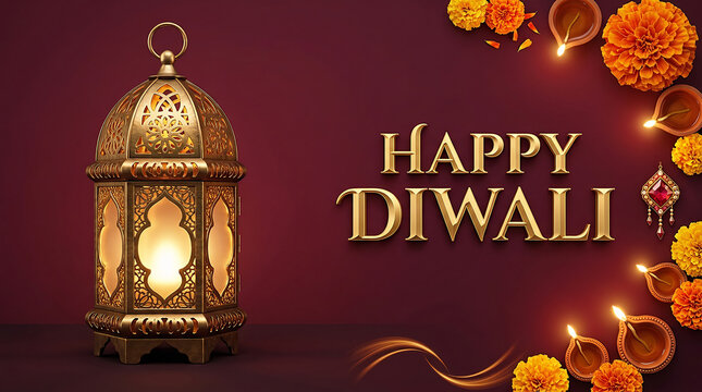 Happy Diwali greeting card with large glowing golden lantern and border of marigolds and clay diyas.