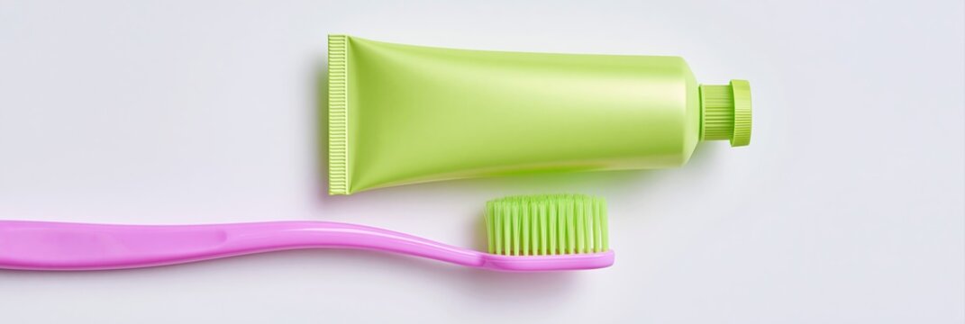 Green toothpaste and pink toothbrush with fluoride