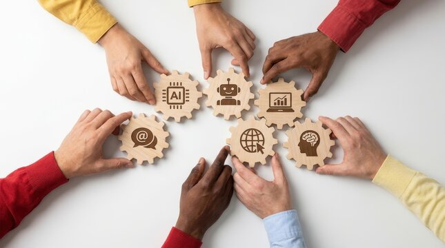 Diverse hands connect technology icons on gears symbolizing teamwork and innovation.