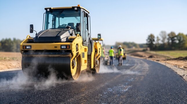 Yellow steamroller flattening new asphalt road on construction site with workers