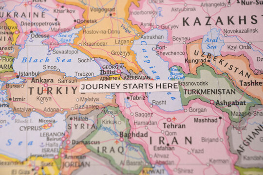 Journey starts here concept tag centered on Tabriz and Northwest Iran on a physical map