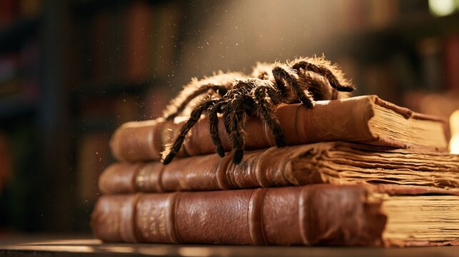 Furry arachnid rests on old leather bound books with dramatic lighting in library room