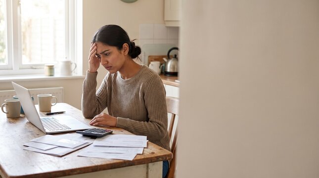 Stressed woman reviewing household expenses and bills on a laptop at home kitchen table