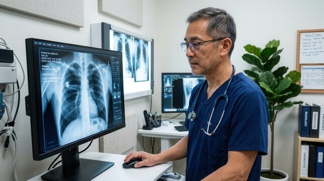 Doctor Analyzing Chest X-Rays On Computer Screen In Modern Clinic