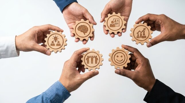 Diverse hands holding wooden gears with business icons symbolizing teamwork and collaboration.