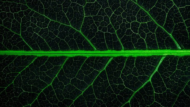 Intricate branching neon green vascular veins traversing a dark leaf