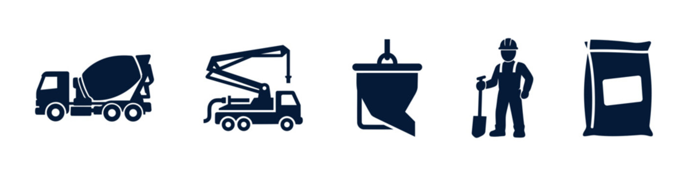 Concrete Construction Icon Set with Mixer Truck, Pump Truck, Bucket, Worker and Cement Bag
