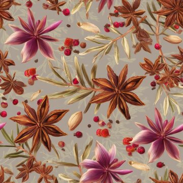 Airy flat lay pattern with star anise, dried flower, rosemary and peppercorn on beige background. Seamless spice and herb design for kitchen decor, textile and wrapping paper.
