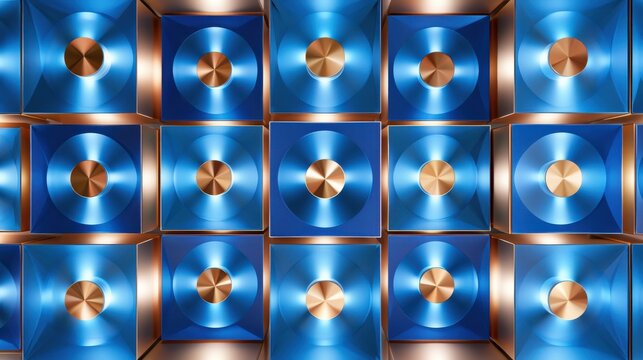 Blue and copper geometric pattern with circular metallic centers in grid formation