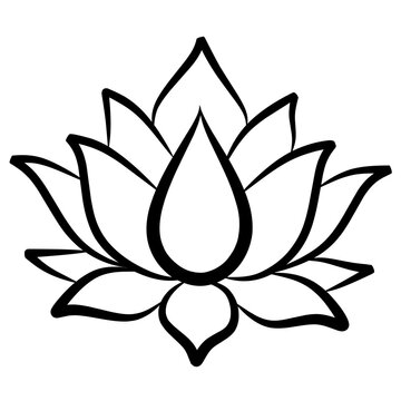 Symmetrical black line art of a blooming lotus flower. Clean botanical illustration. Ideal for wellness branding or yoga studios.