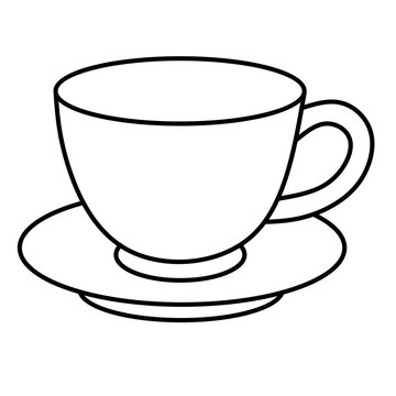 Black outline of a ceramic tea cup on a saucer over a solid background. Clean minimalist design. Perfect for cafe branding or coloring book activities.