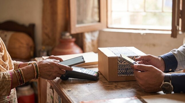 Woman making contactless payment with smartphone for parcel delivery at home