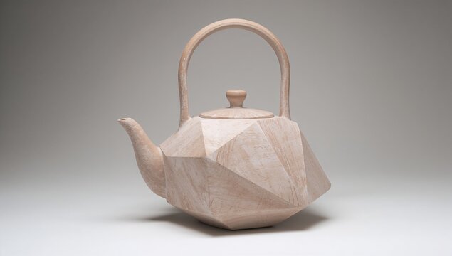 Monolithic Geometric Block Teapot Sculpted from Raw Pale Chamotte Clay