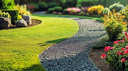 Naklejka premium A Beautiful Landscaped Garden Featuring a Winding Gravel Pathway and Colorful Flowers in Sunlight.
