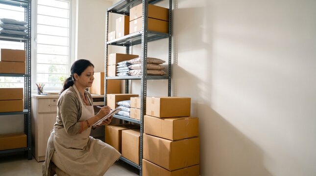 Business owner checking inventory in a warehouse, small business logistics management.