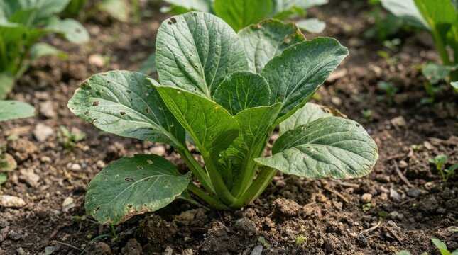 Fresh green bok choy plant growing in fertile soil outdoors.
